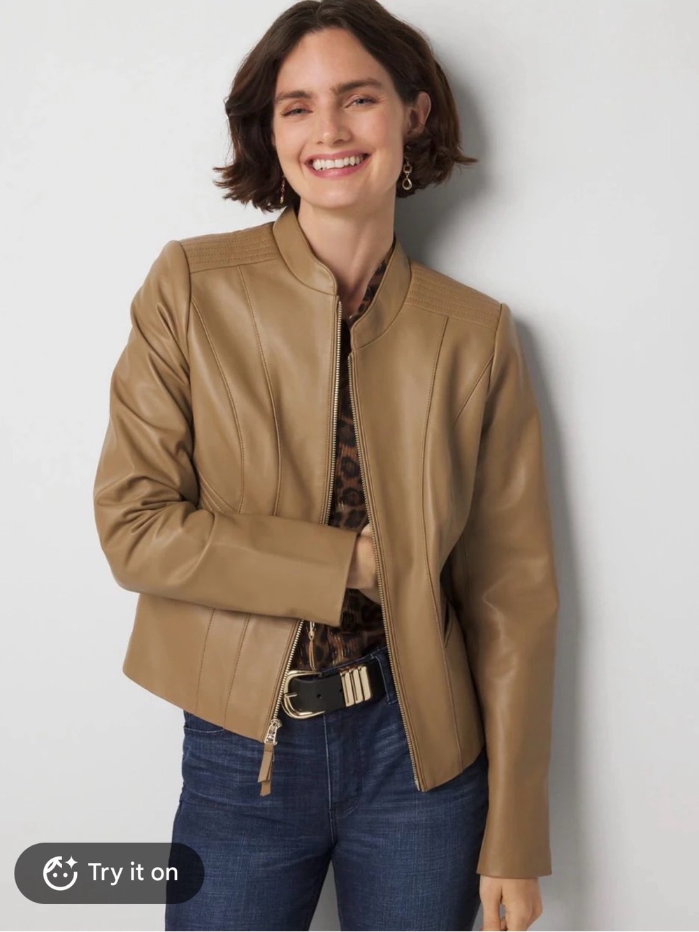Liz Claiborne Women’s Tan Genuine Leather Zip-Front Jacket